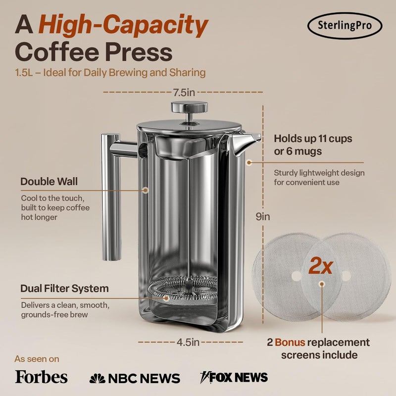 SterlingPro Stainless Steel French Press Coffee Maker Large 1.5 L(51 oz) Mirror â€“ Durable Double Walled Insulated Coffee Press Keeps Drinks Hot, Easy to Use and Clean Stylish Design for Rich Flavor - Image 3